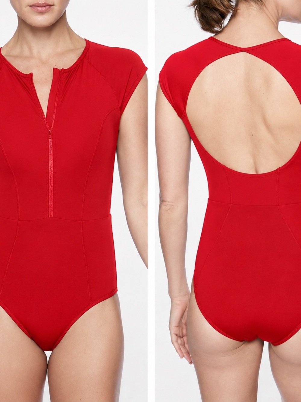 Athleta Red Short-Sleeve One-Piece Swimwear with Front Zip sz XL